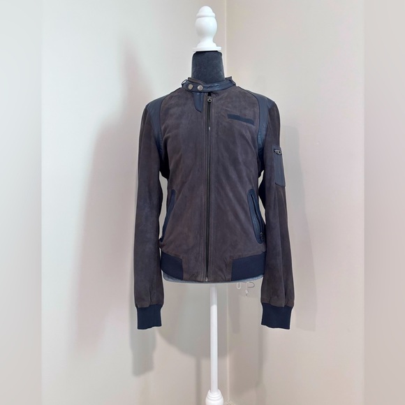 Members Only Two Toned Leather Zip Up Jacket In Blue & Grey Size L - Picture 1 of 13